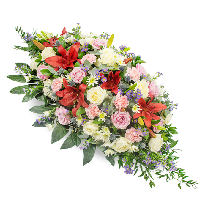 A stately casket spray is displayed against a clean white backdrop, its long, elegant form and rich planting suggesting a carefully prepared funeral tribute for a Bexleyheath service. The arrangement stretches along a gentle diagonal, more rounded and full near the top left before narrowing into a delicate point at the lower right, giving it a sense of gentle movement and flow. Prominent within the spray are several deep red Asiatic or Oriental lilies, their star-shaped blooms dramatically open, with velvety petals that create striking focal points amid the softer hues. Surrounding these lilies are numerous roses in cream, soft white, blush pink, and a hint of lavender, varying from tight buds to fully open blossoms, their layered petals catching the light and conveying messages of love, remembrance, and gratitude. Adding volume and a plush, comforting texture, light pink carnations are interspersed throughout, while small white spray chrysanthemums and tiny daisy-like flowers bring brightness and subtle detail. Unique accents of blue-purple thistle heads and airy clusters of lavender-blue filler flowers introduce cooler tones and interesting textures that contrast beautifully with the warm reds and pinks. All of the blooms rest upon a foundation of lush green foliage, including broad, glossy leaves and softer, fern-like greenery that spills gently beyond the flowers, framing the spray and enhancing its natural shape. The overall impression is one of serene dignity and heartfelt tribute, the kind of arrangement a local Bexleyheath florist might craft for families seeking a meaningful floral expression of sympathy and enduring memory during a final goodbye.