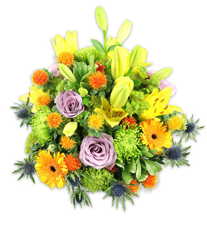A richly textured, visually warm bouquet sits against a stark white backdrop, its form compact yet lively with vertical lifts and rounding volumes. Dominant yellow Asiatic lilies reach upward, some opened wide to reveal speckled throats and filament details, others kept as tapered buds that lend a sense of expectancy. Pale lavender-purple roses provide a cool, elegant counterbalance; their soft fragrance and pillowy petals sit quietly amid the more exuberant elements. Bright orange Gerbera daisies read like beacons across the surface, their radiating petals and darker central discs giving an immediate note of happiness, while chartreuse button chrysanthemums produce a velvety, almost green-moss texture that fills gaps and supports the composition's shape. Interspersed are small, spiky globe accents in orange and golden yellow that add playful punctuation, and several blue-grey sea thistles (Eryngium) emerge from the lower flanks with star-shaped bracts that contribute a striking, almost sculptural silhouette. The foliage selection - glossy, broad lily leaves alongside finer textured filler - creates depth and frames the blooms with a fresh, leafy scent. The soft, natural light in the image gently sculpts each petal and bract, making the lilies' sheen and roses' velvet perceptible even in description. Crafted with an eye for both modern texture and traditional romanticism, this bouquet fits many purposes: a celebratory gift for a nearby theatre night on Bexleyheath Broadway, a cheering hospital visit, or a bright addition to a dining table close to the railway station or shopping centre.