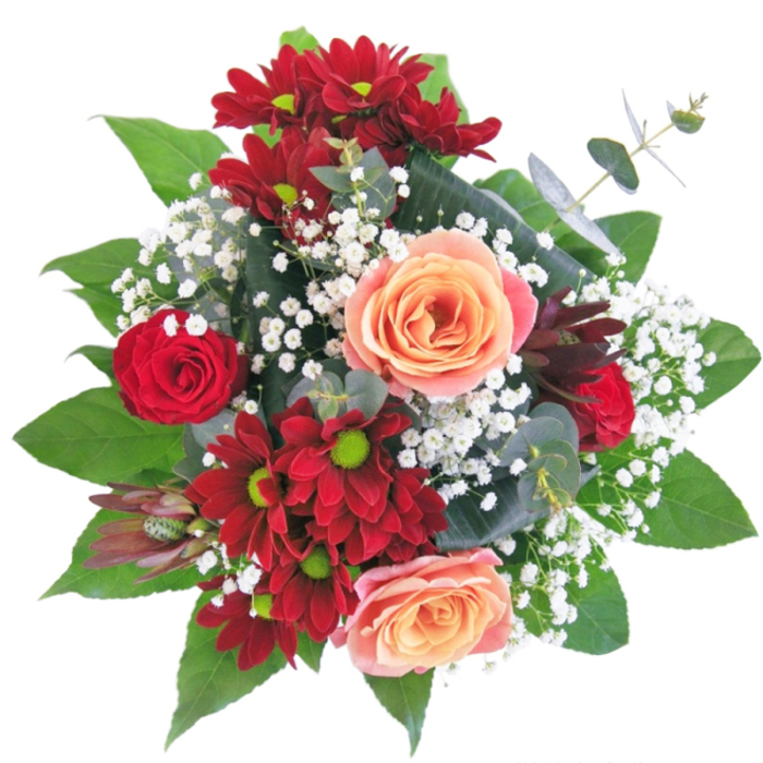 The arrangement reads as an elegant study in contrasts: intense velvety reds from chrysanthemums and compact rosebuds set against creamy, sun-kissed peach roses that act as a cooling, tender counterpoint. Between them, clouds of delicate white gypsophila nestle and flow, creating motion and an almost musical rhythm across the bouquet, like pearls scattered across silk. The piece is elevated in a crystal-clear vase so the stems are visible, amplifying the feeling of transparency and careful craft; water magnifies the stems' green tones and promises freshness. Texturally, there is a pleasing interplay-the silk softness of rose petals, the firm architecture of chrysanthemum heads, and the feathery air of gypsophila-held together by glossy, verdant foliage that frames the silhouette. Light plays an important role here: filtered daylight makes the apricot and salmon hues glow softly while the deeper reds provide depth and emotional gravity. This composition evokes warmth, closeness, and a refined kind of affection, suitable for occasions that call for heartfelt sentiment-welcoming a new baby, marking a moving anniversary, or elevating a dinner table near Bexleyheath station or a gathering at the Broadway Shopping Centre. As a local florist working in Bexleyheath, I aim for balance and integrity in every stem placement so the bouquet reads as both contemporary and timeless; it feels like a loving embrace arranged with deliberate expertise and neighborhood care.